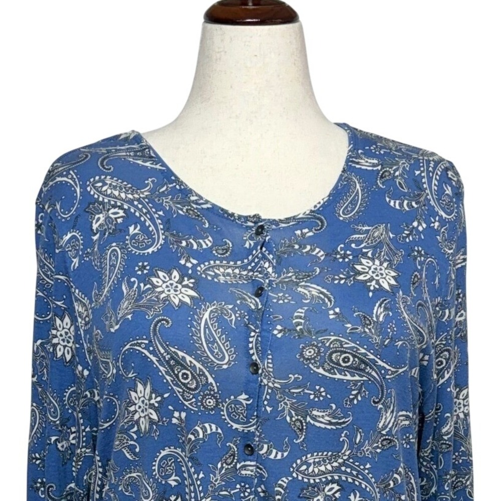 J. Jill Top Women XL Blue Paisley Henley Pullover 3/4 Sleeve Rayon Tencel Tunic